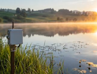 Messsensor am Gewässer im Morgenlicht