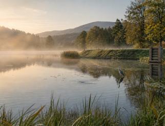 Weiher im Morgennebel mit Mönch und Graureiher